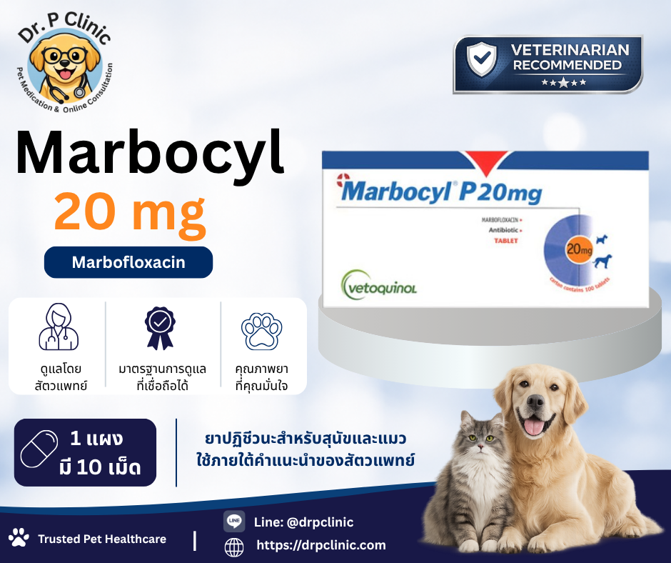 Marbocyl 20 mg ควบคุมการติดเชื้อแบคทีเรียในสุนัขและแมว (1 แผงมี 10 เม็ด)