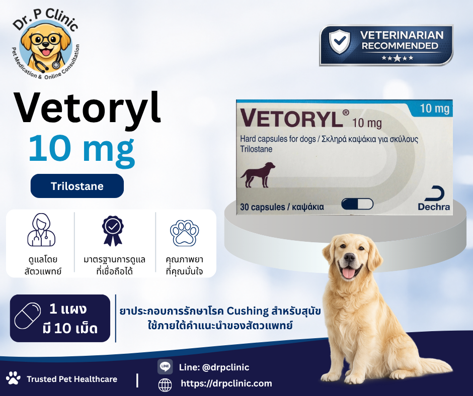 Vetoryl 10 mg ยาสำหรับสุนัขที่ใช้ควบคุมภาวะ Cushing's disease ช่วยลดการสร้างฮอร์โมนคอร์ติซอลที่มากเกินไป